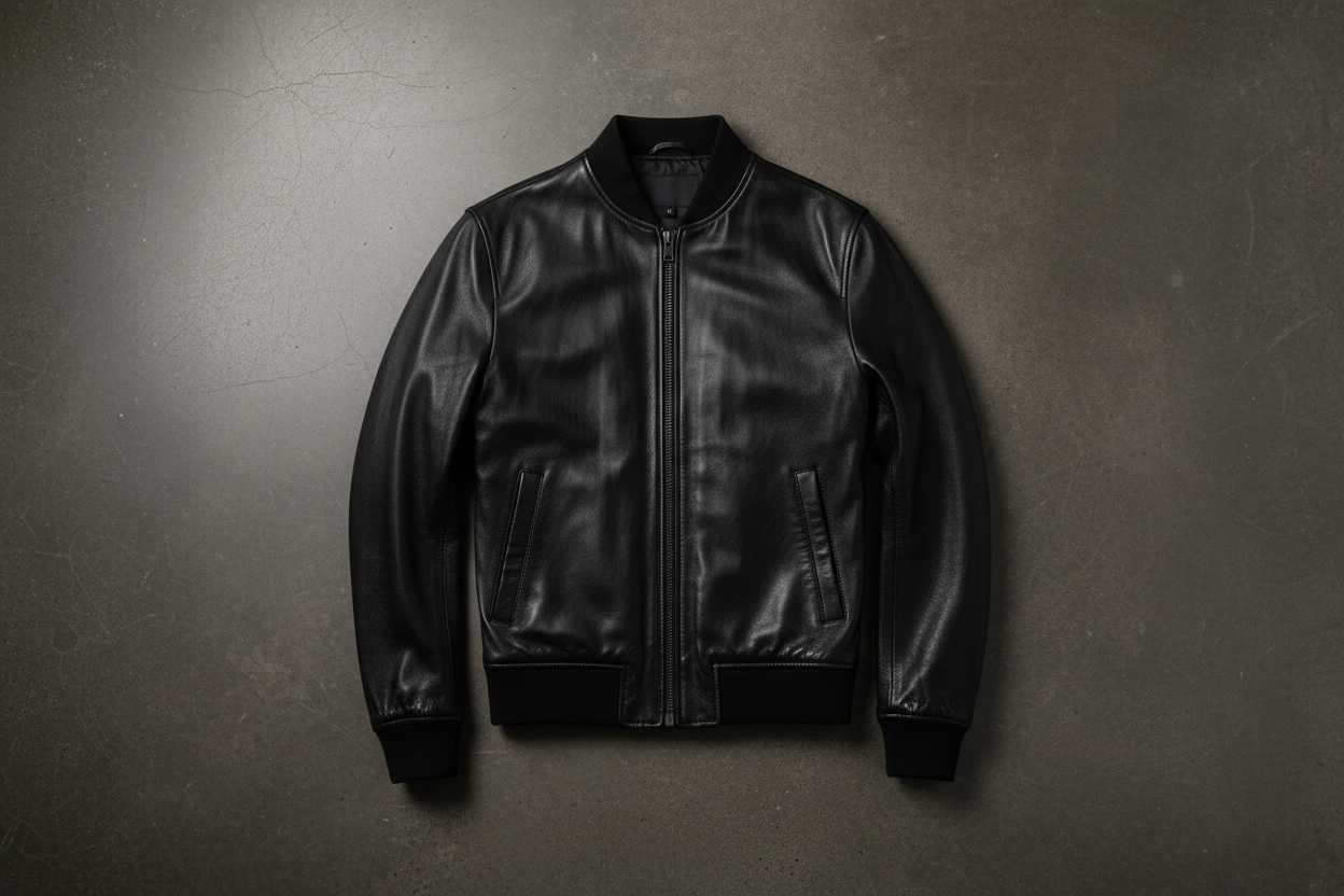 Premium real leather jacket flat lay showing grain texture, metal zippers, and clean stitching