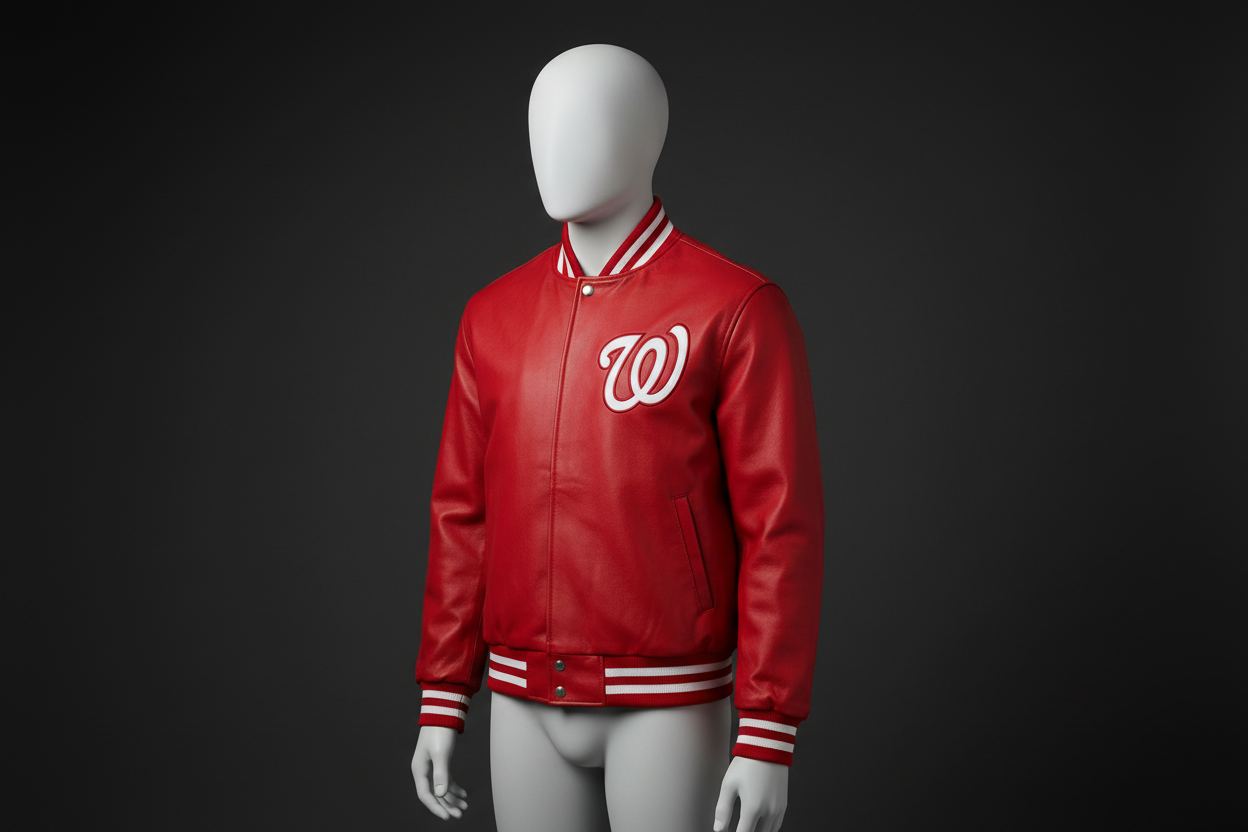 Premium leather varsity jacket showcasing rich cowhide texture, ribbed knit cuffs and classic varsity silhouette