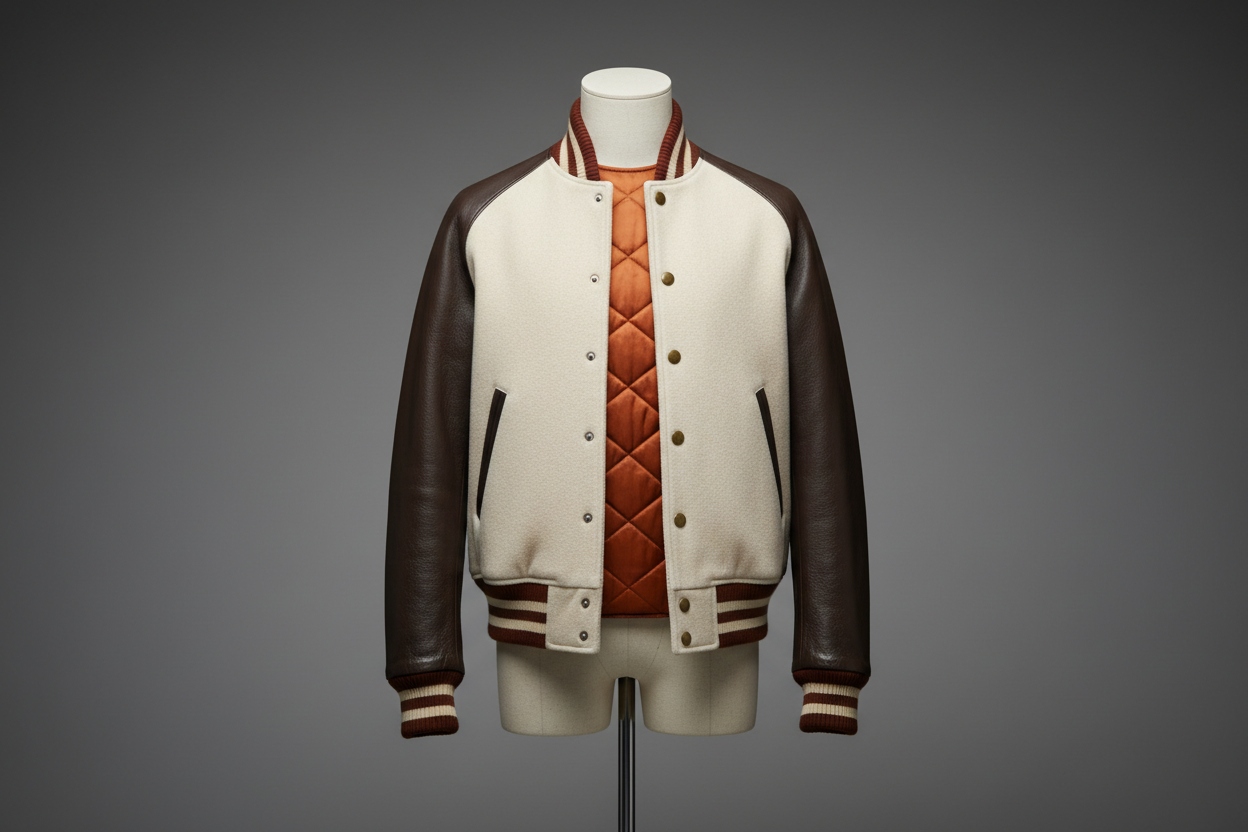 Premium leather varsity jacket showcasing wool body and genuine leather sleeves with luxury craftsmanship