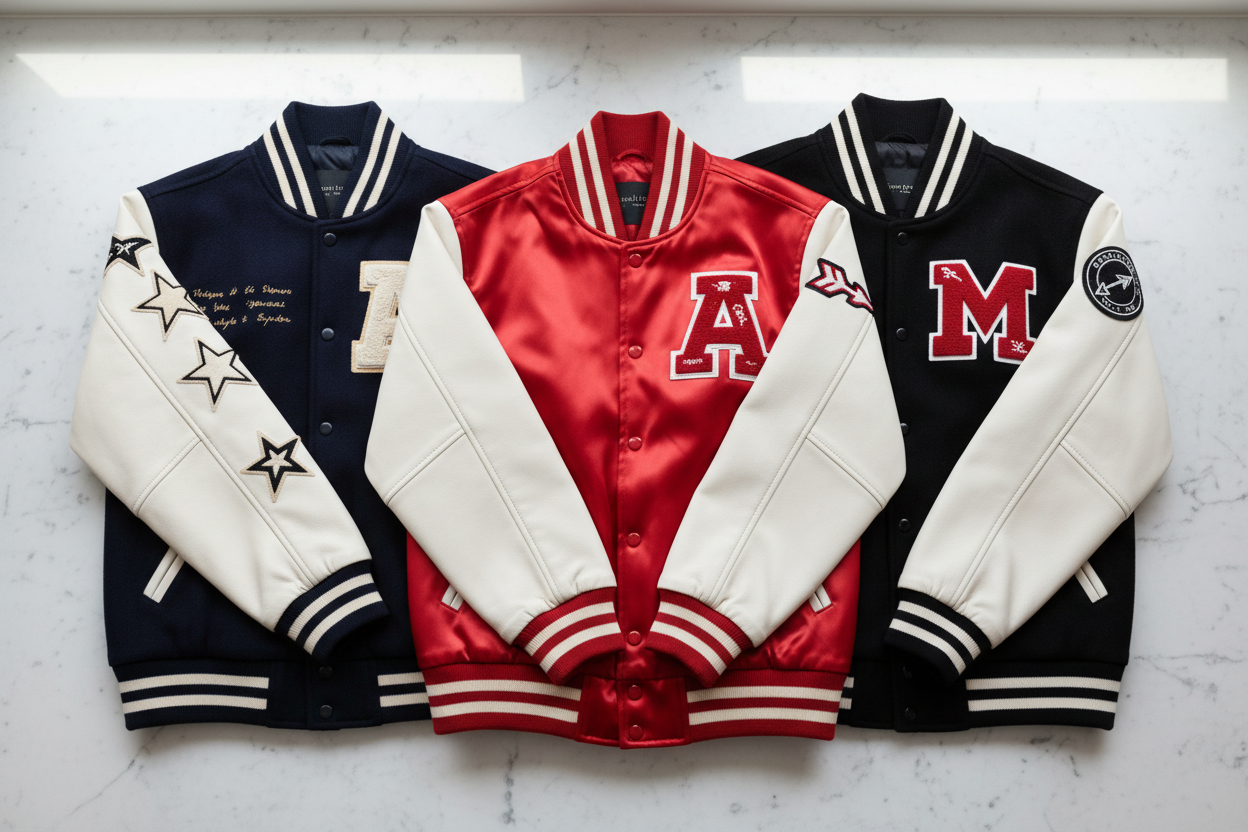 Premium women's varsity jackets in red satin and navy leather sleeve styles arranged on marble surface