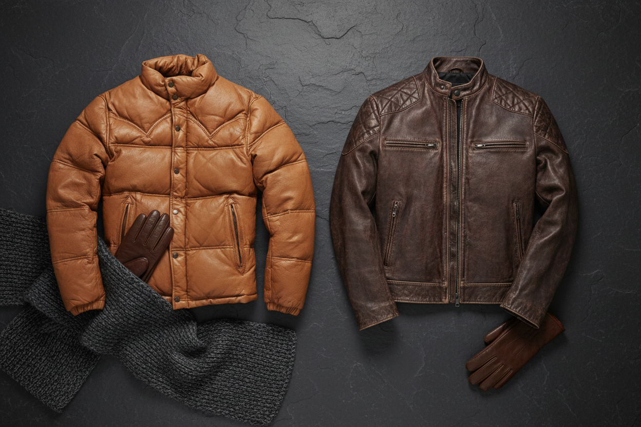 Puffer jacket and leather jacket flat lay comparison with winter accessories — Leather Nativ