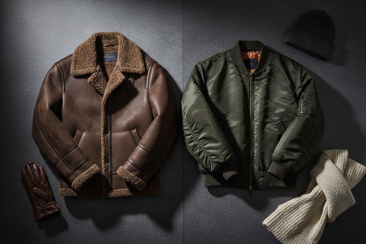 Flat lay of a shearling jacket and bomber jacket on dark slate surrounded by leather gloves, wool scarf, and a beanie