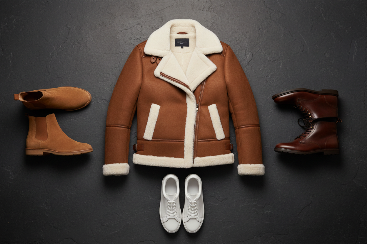 Flat-lay of a brown shearling bomber jacket with suede Chelsea boots, white leather sneakers, and leather lace-up boots