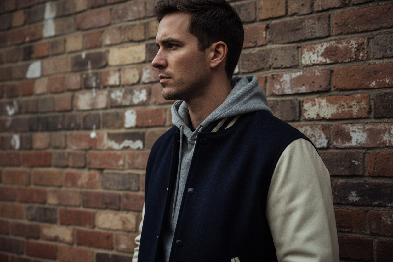 Side profile of a man wearing a varsity jacket with contrast leather sleeves layered over a slim hoodie against a brick wall