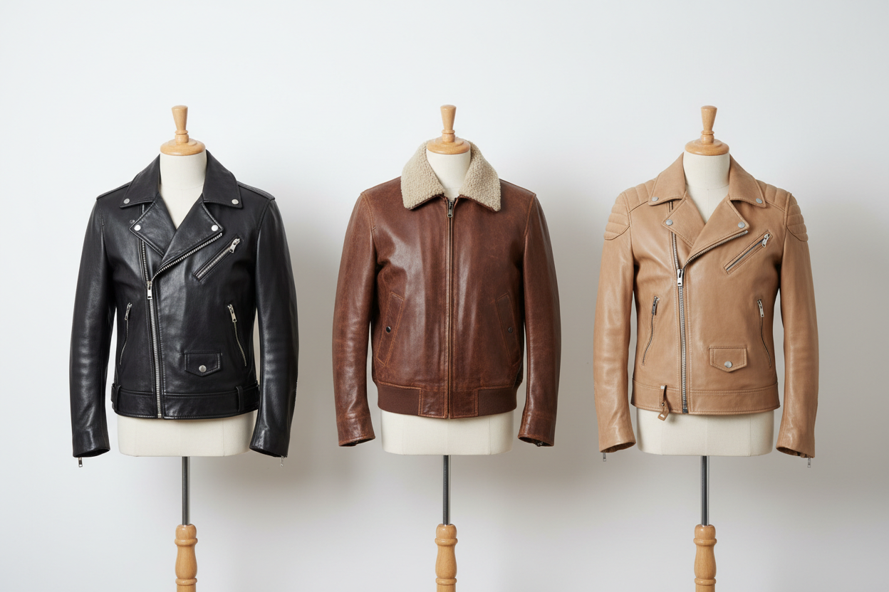Three leather jackets in black, brown, and tan displayed on wooden mannequins in a clean studio setting