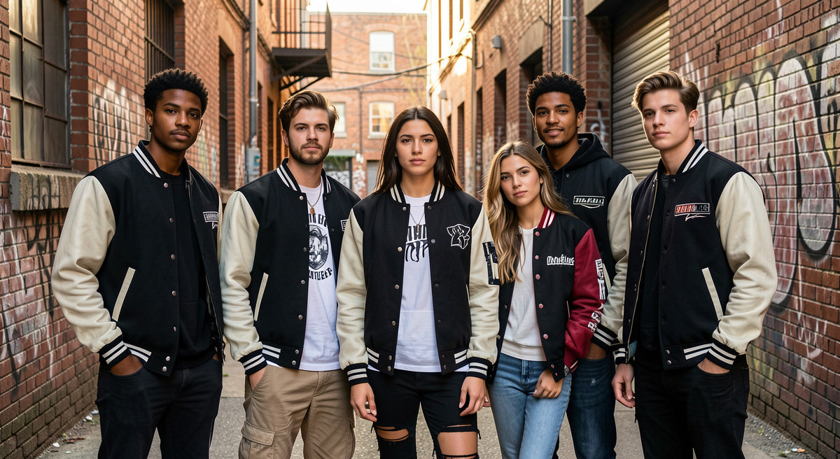 Group of men and women wearing matching varsity jackets with cream sleeves, standing together in an urban alley in coordinated streetwear outfits.