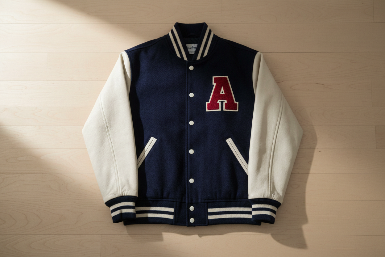 A flat-lay of the full varsity jacket showing both the wool body and leather sleeves