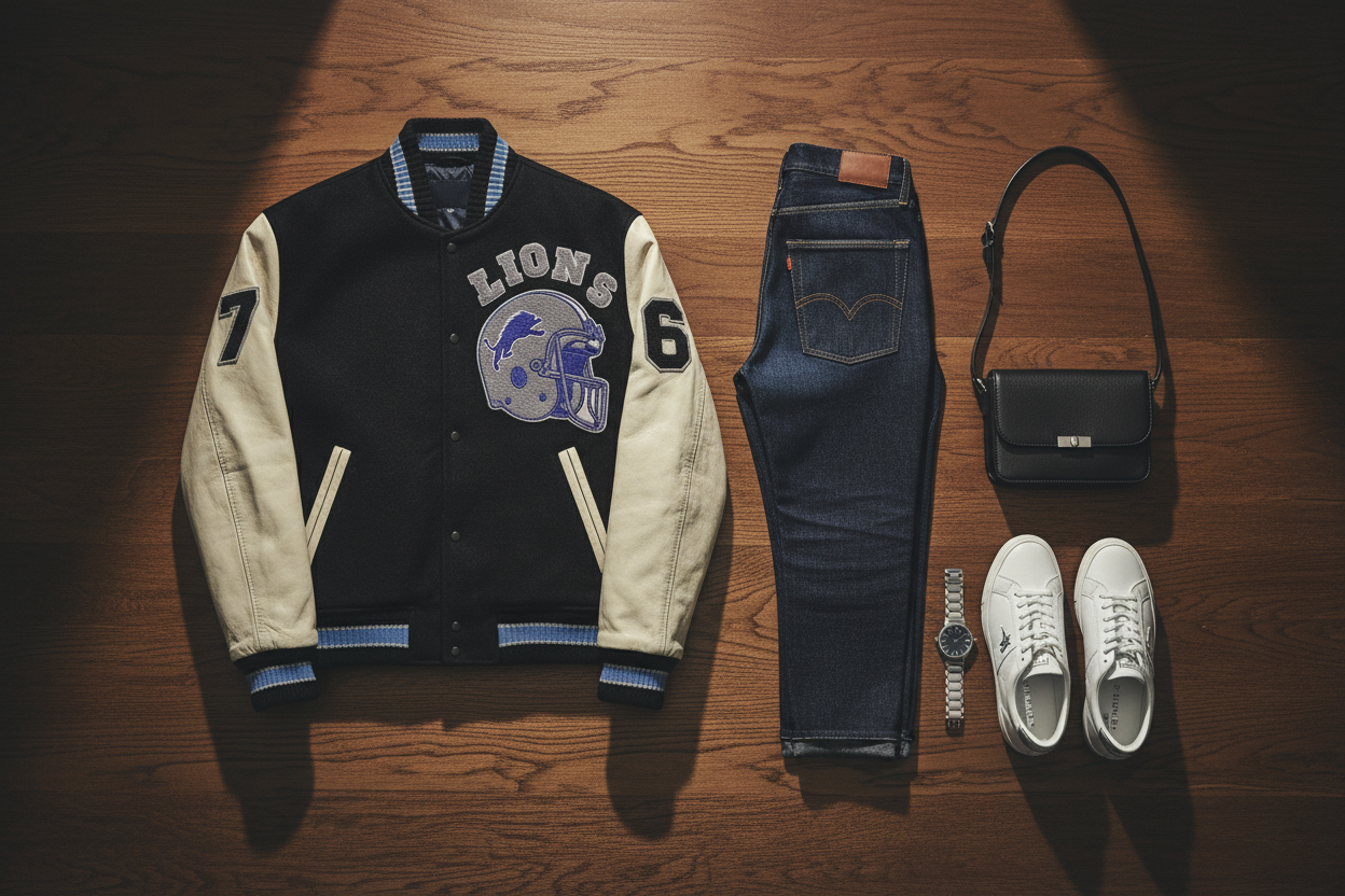 Overhead flat lay of a premium varsity jacket, dark jeans, white sneakers, watch and crossbody bag on a dark wooden surface