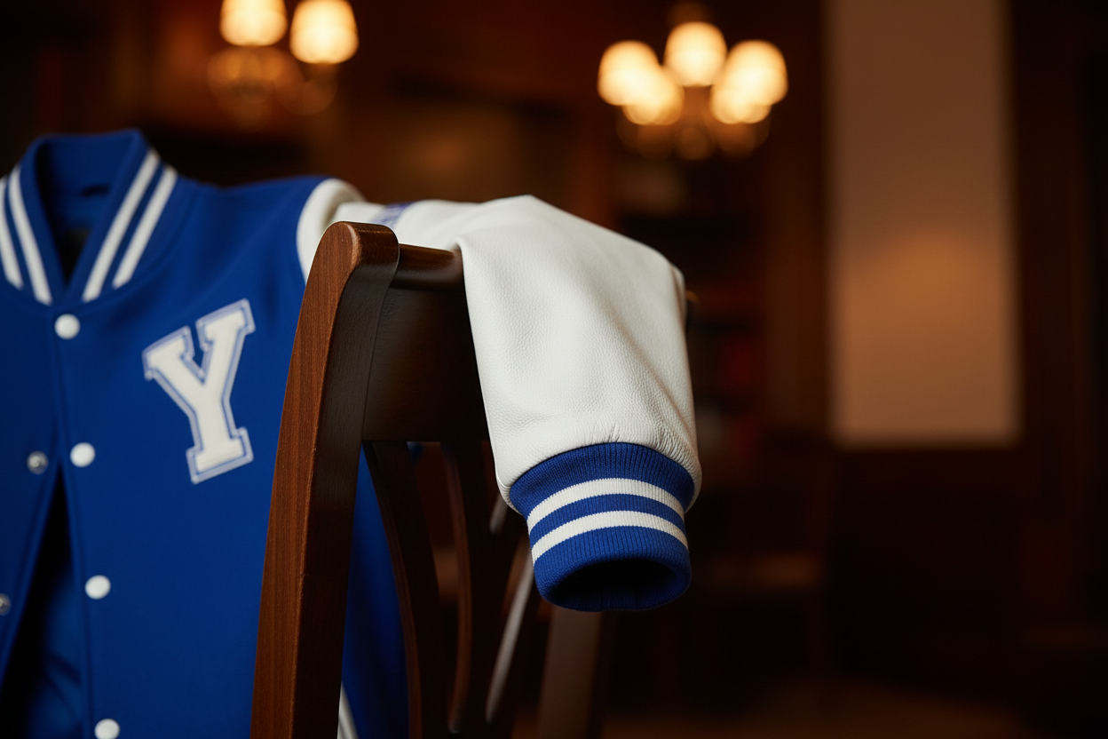 Close-up of premium leather varsity jacket sleeve showing rich leather texture, contrast ribbed cuffs, and emblem patch detail