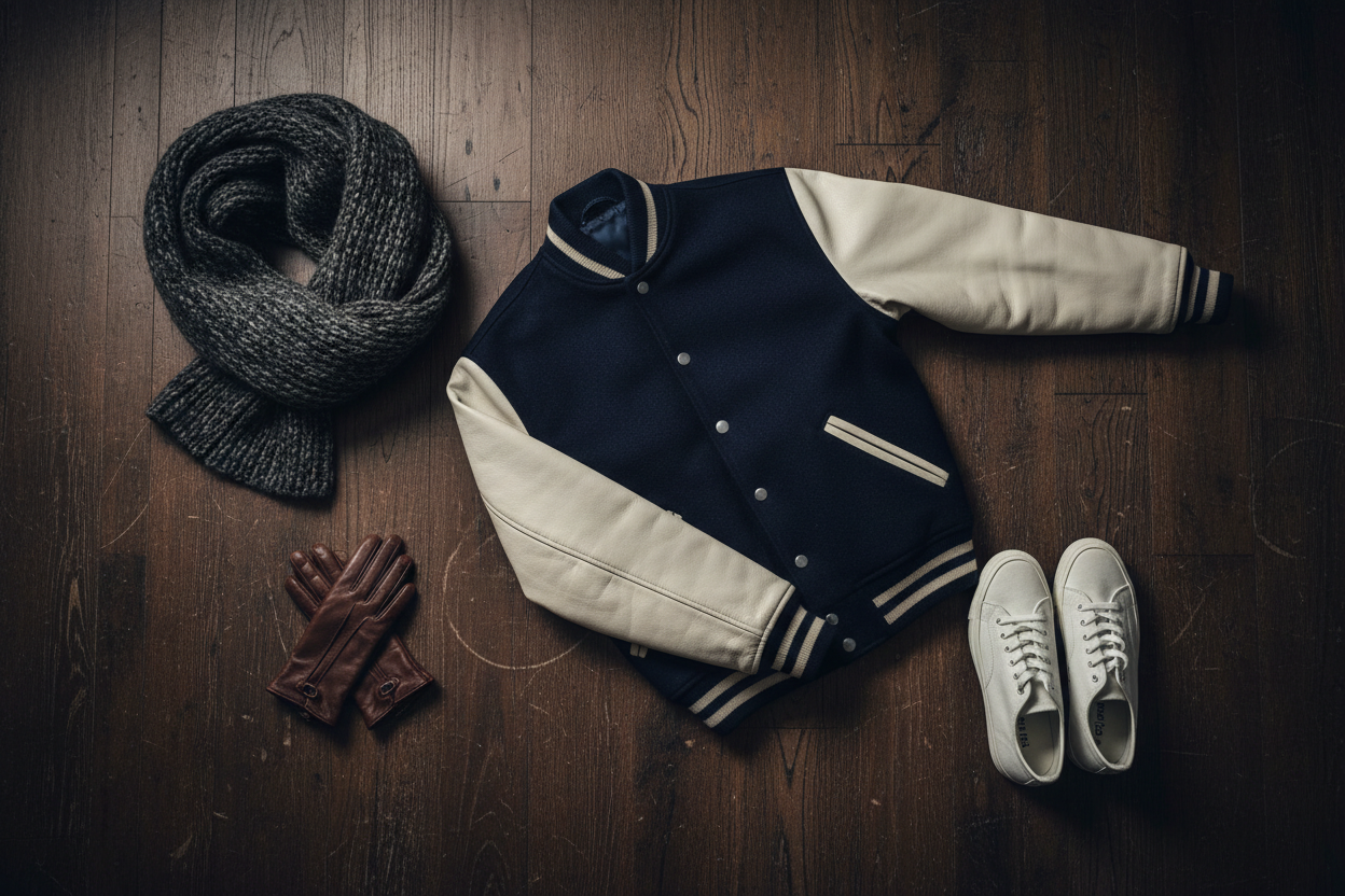 Overhead flat lay of a varsity jacket with seasonal accessories styled on a dark wooden surface
