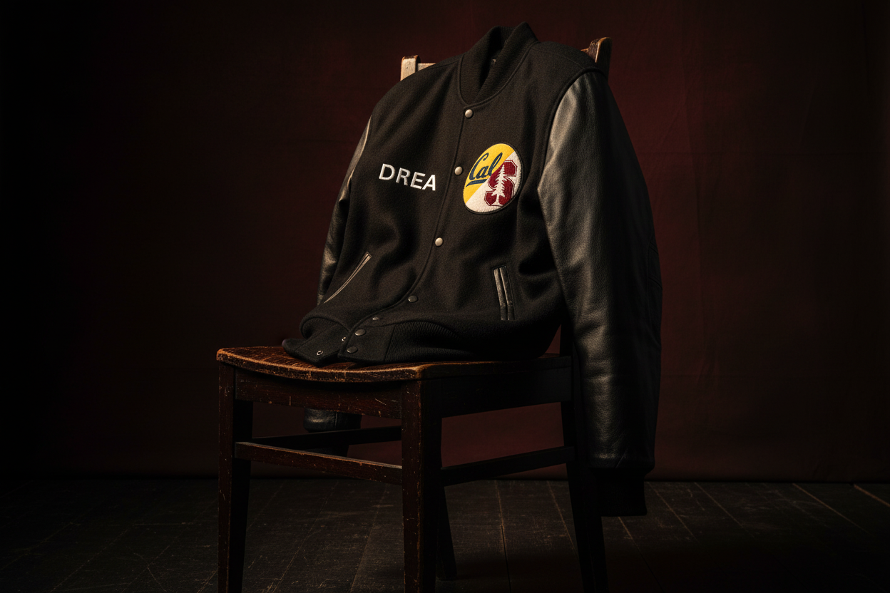 Varsity jacket draped over a chair with dramatic studio lighting highlighting leather sleeves and ribbed cuffs