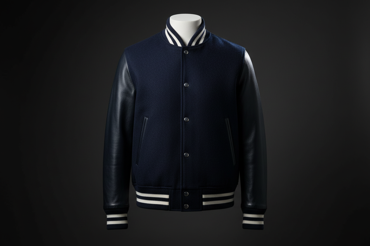 Premium wool and leather varsity jacket — Leather Nativ studio editorial