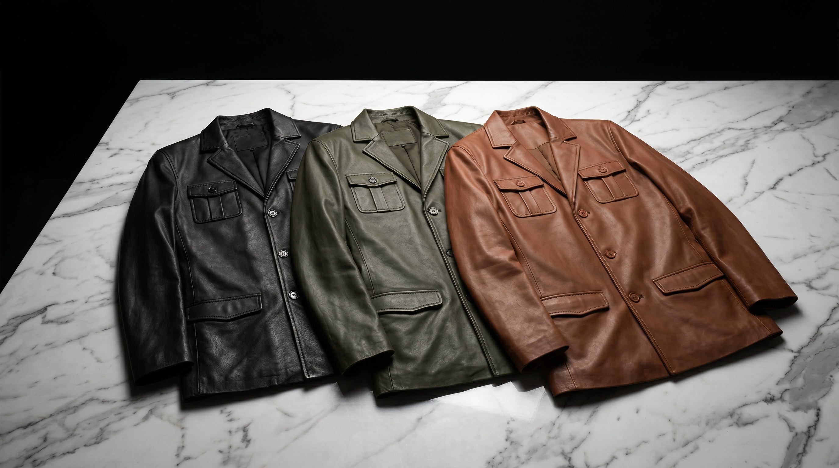  Man wearing a genuine men's leather blazer by Leather Nativ in a modern urban setting