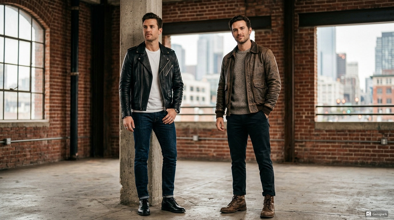 Men wearing genuine leather jackets including a black biker jacket and distressed brown bomber jacket