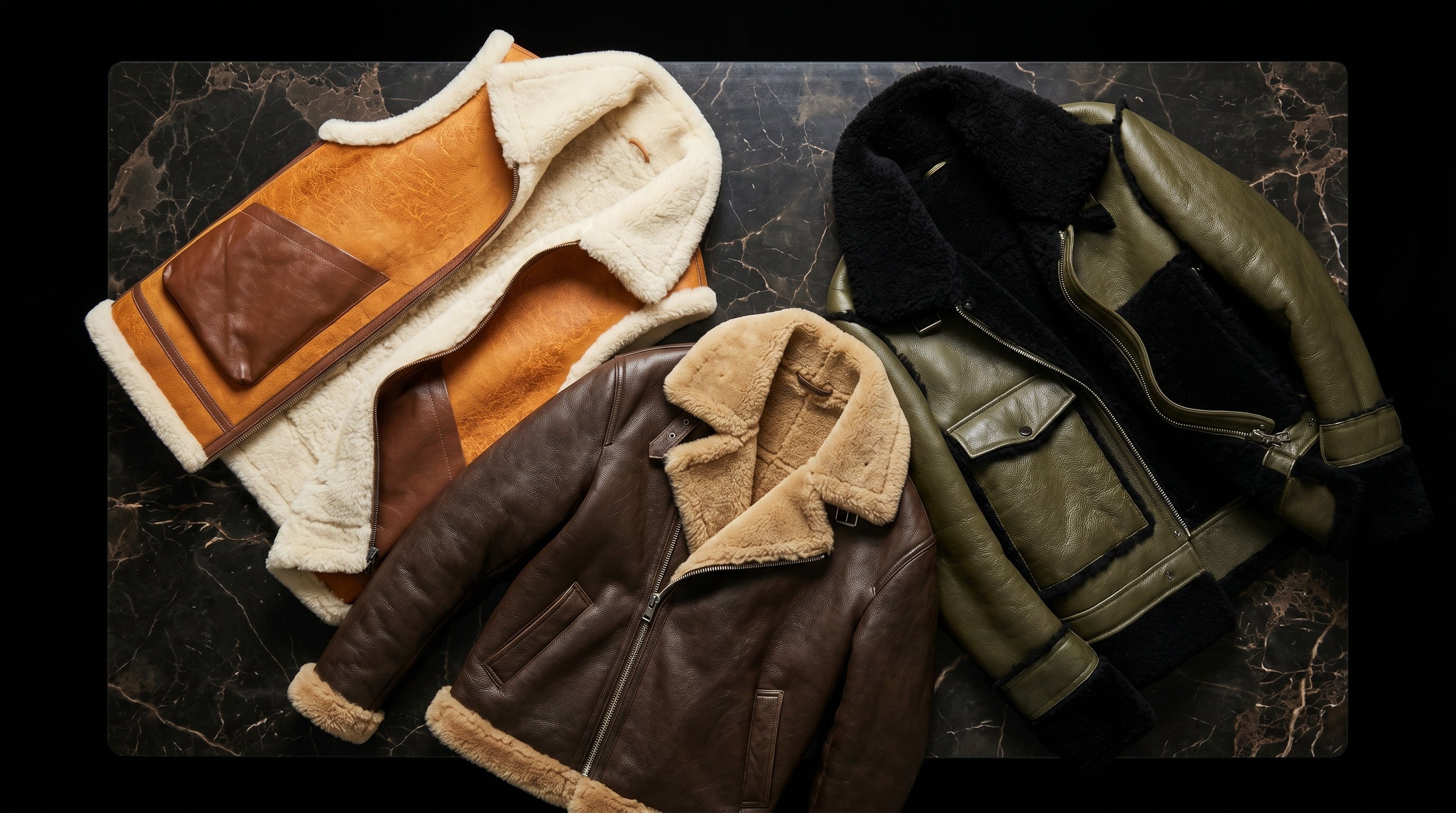 Three Men's Shearling Jackets placed on marble table for leather nativ collection page