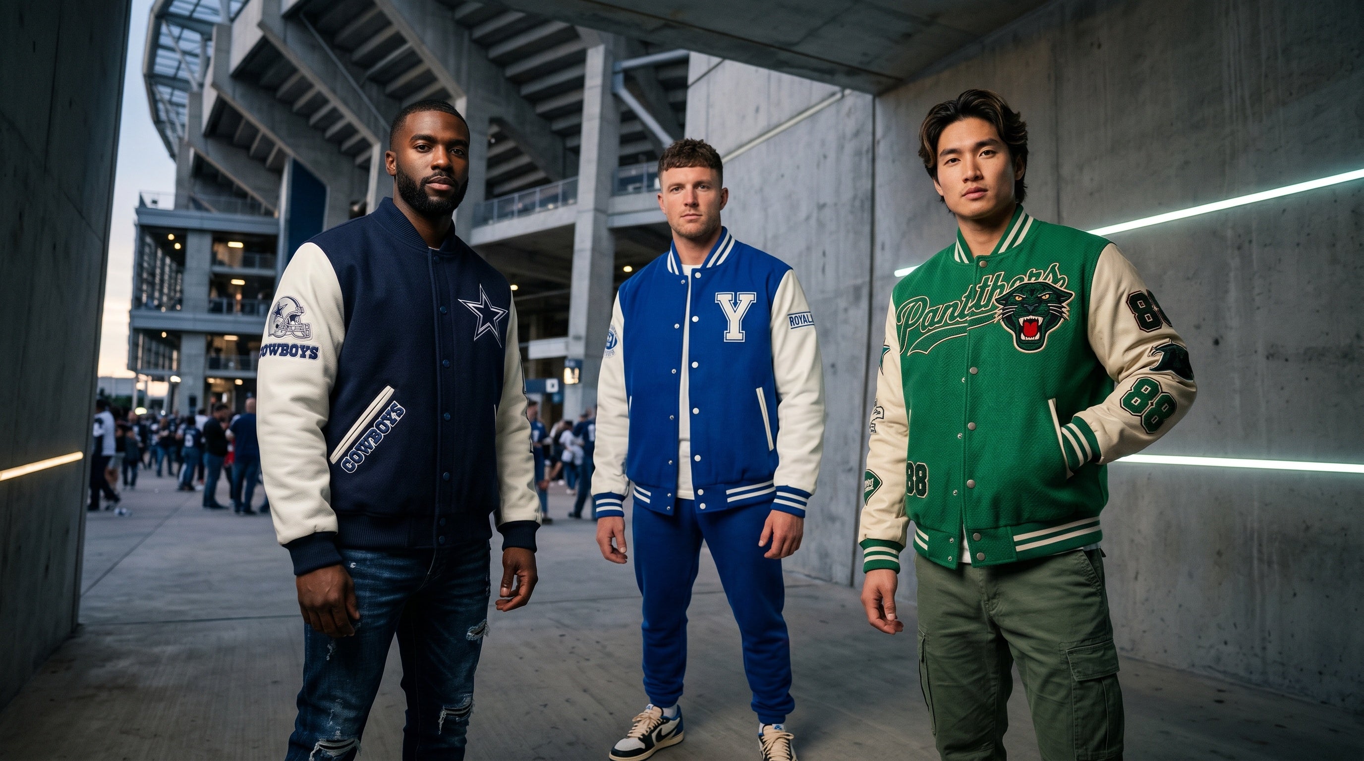 Men wearing team varsity jackets from Leather Nativ in a football-inspired streetwear setting