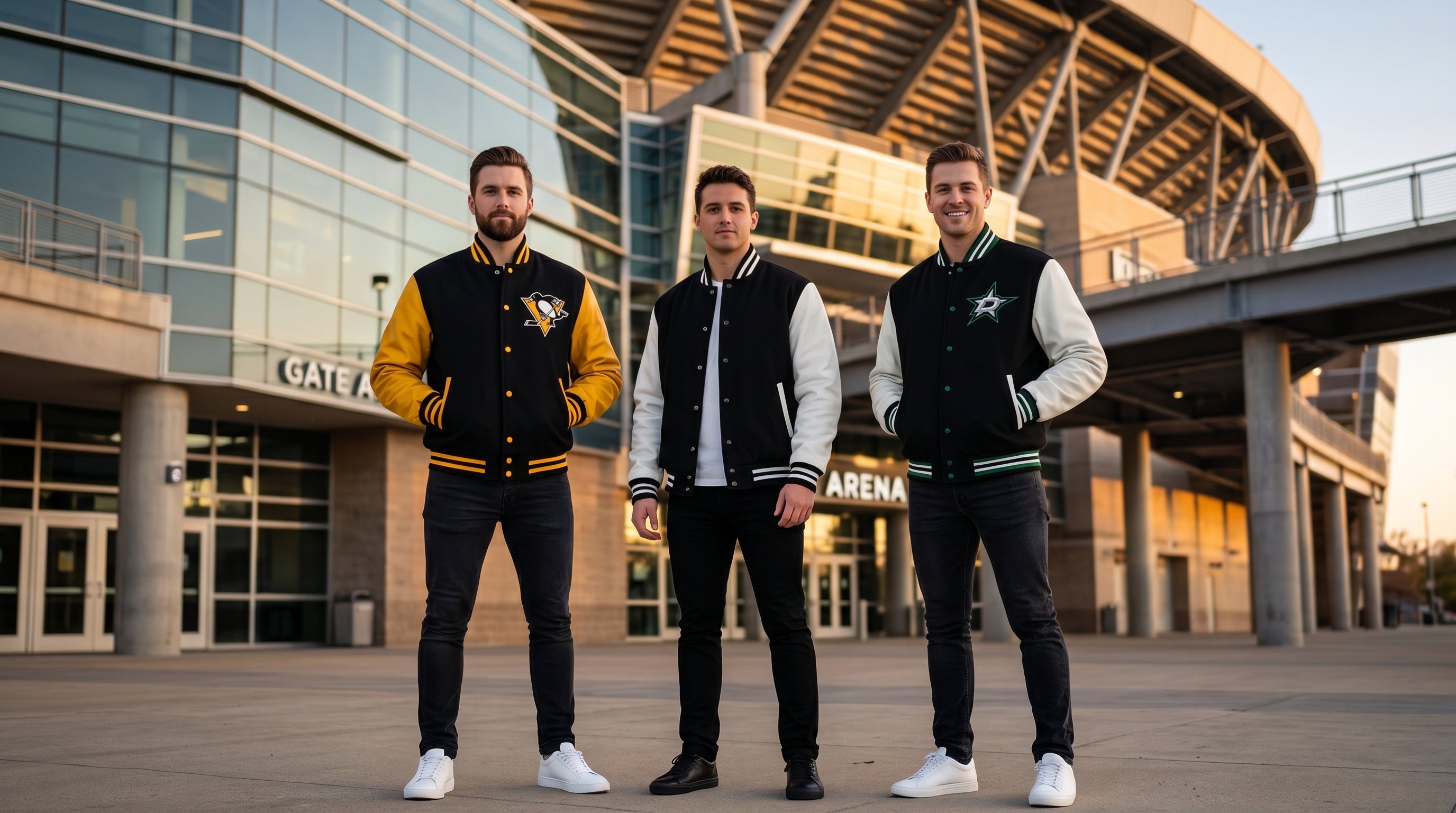 Men wearing NHL inspired varsity jackets by Leather Nativ