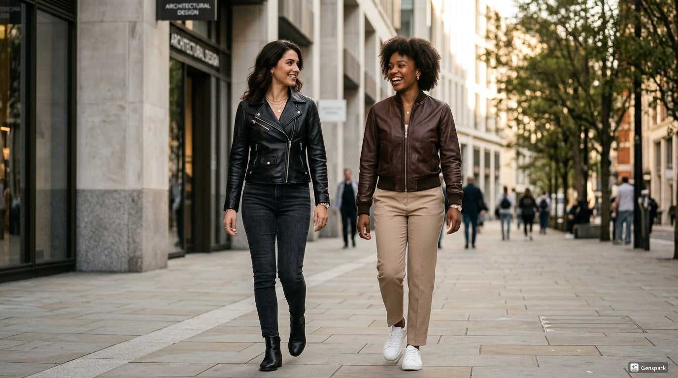 Two women wearing genuine leather jackets in biker and bomber styles by Leather Nativ