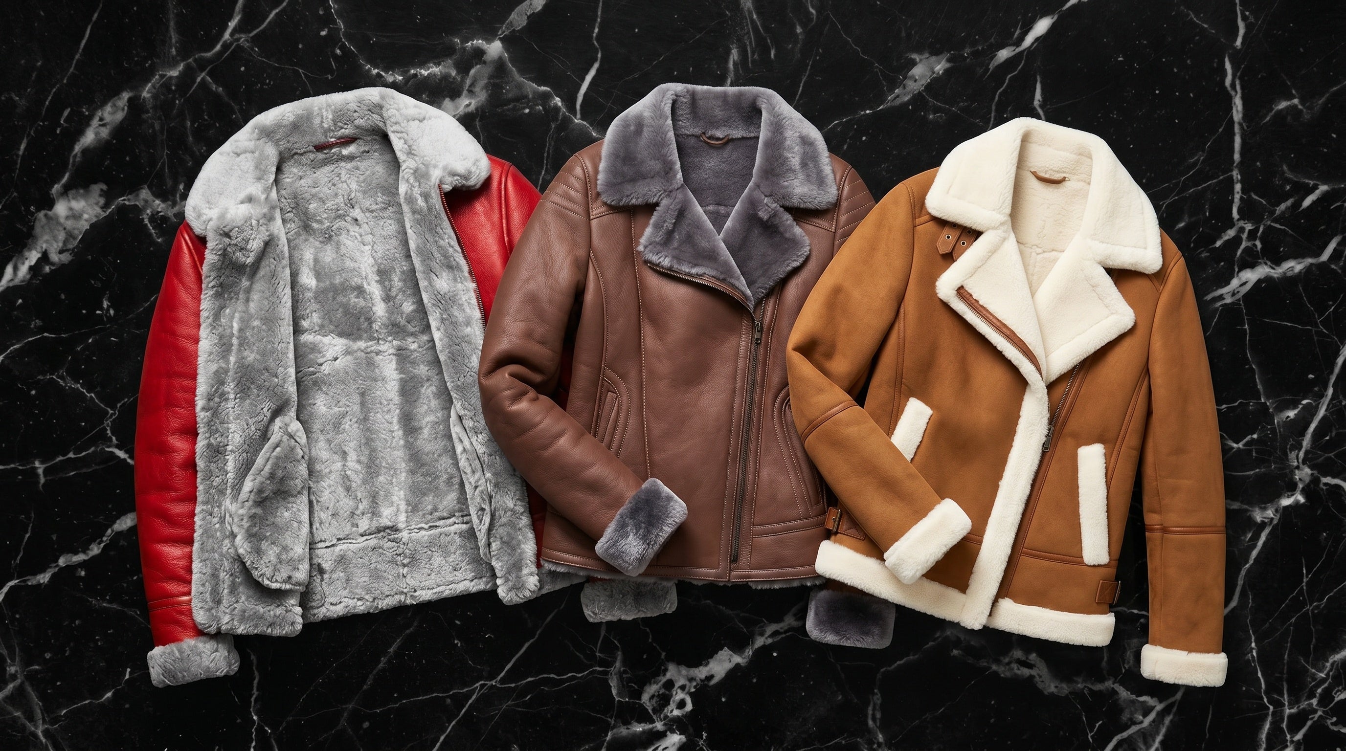 Women's Shearling Jackets placed on marble table of Leather Nativ's Collection