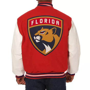 Florida Panthers Red & White Varsity Letterman Jacket Genuine Leather Sleeves