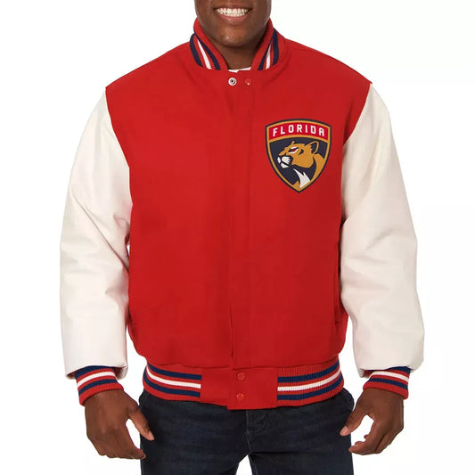 Florida Panthers Red & White Varsity Letterman Jacket Genuine Leather Sleeves