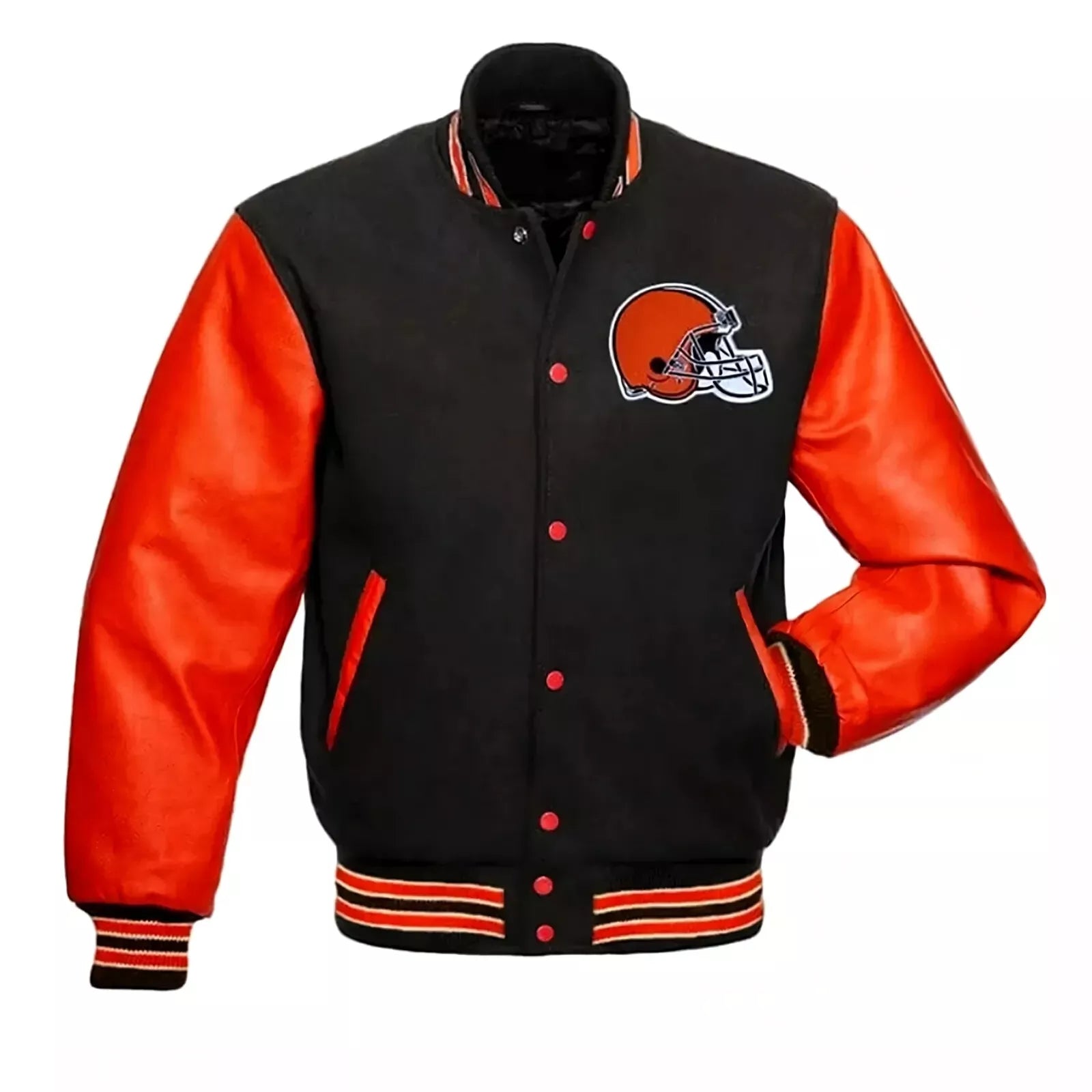 Letterman Cleveland Browns Black Wool Varsity Jacket With Orange Leather Sleeves
