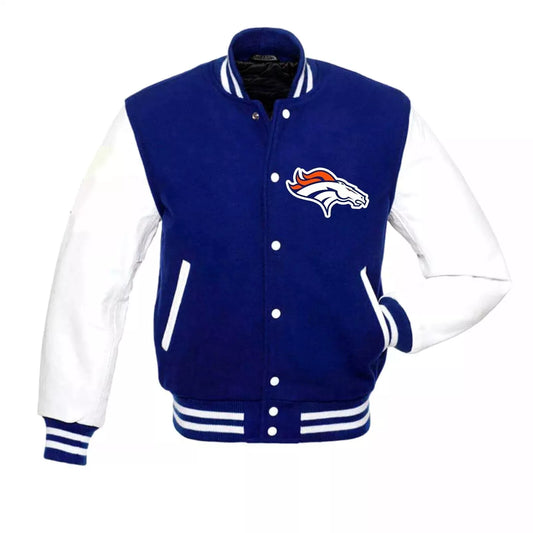 Denver Broncos Letterman Varsity Jacket Wool with Genuine Leather Sleeves