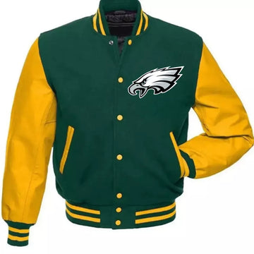 NFL - Philadelphia Eagles Green Wool Letterman Varsity Jacket With Real YELLOW Leather Sleeve