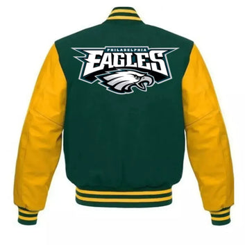 NFL - Philadelphia Eagles Green Wool Letterman Varsity Jacket With Real YELLOW Leather Sleeve