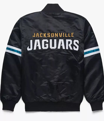 Jacksonville Jaguars Black Satin Varsity Bomber Jacket with Embroidered Logos