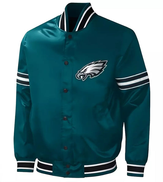 Philadelphia Eagles Full Snap Satin Varsity Jacket Embroidery logos