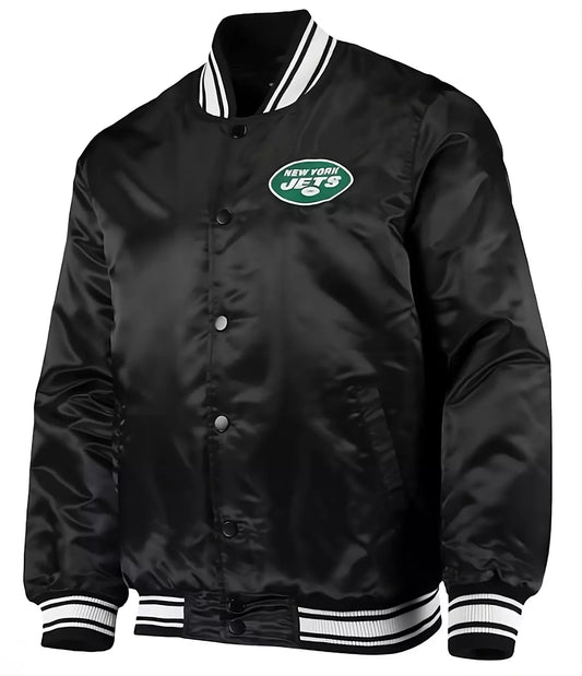 80s NFL New York Jets Black Satin Varsity Jacket full-snap With Embroidery logos