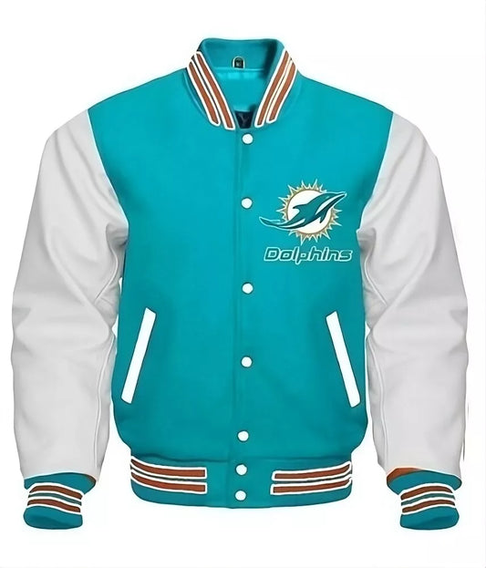 Miami Dolphins Letterman Varsity Jacket With Genuine Leather Sleeves
