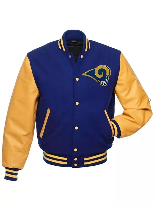 Letterman Los Angeles Rams Blue Varsity Jacket With Yellow Real Leather Sleeves