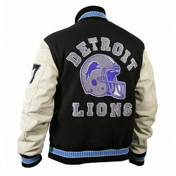 Letterman Detroit Lions Black Varsity Jacket With Genuine Leather Sleeves