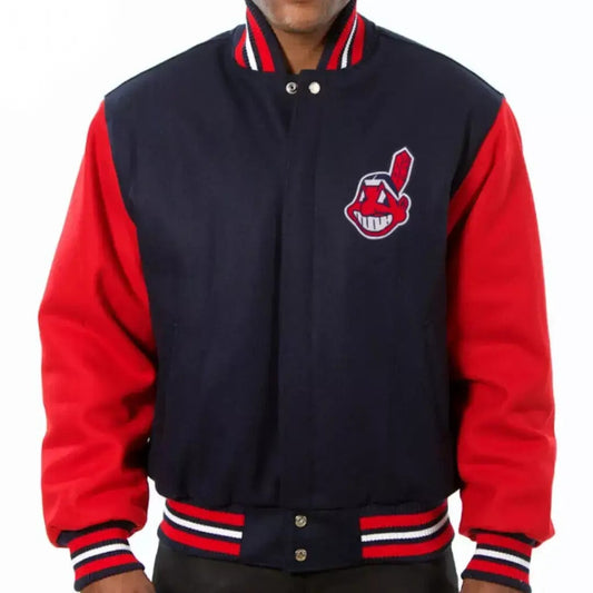 Men Cleveland Indians Navy Blue and Red Letterman Varsity Jacket - MLB