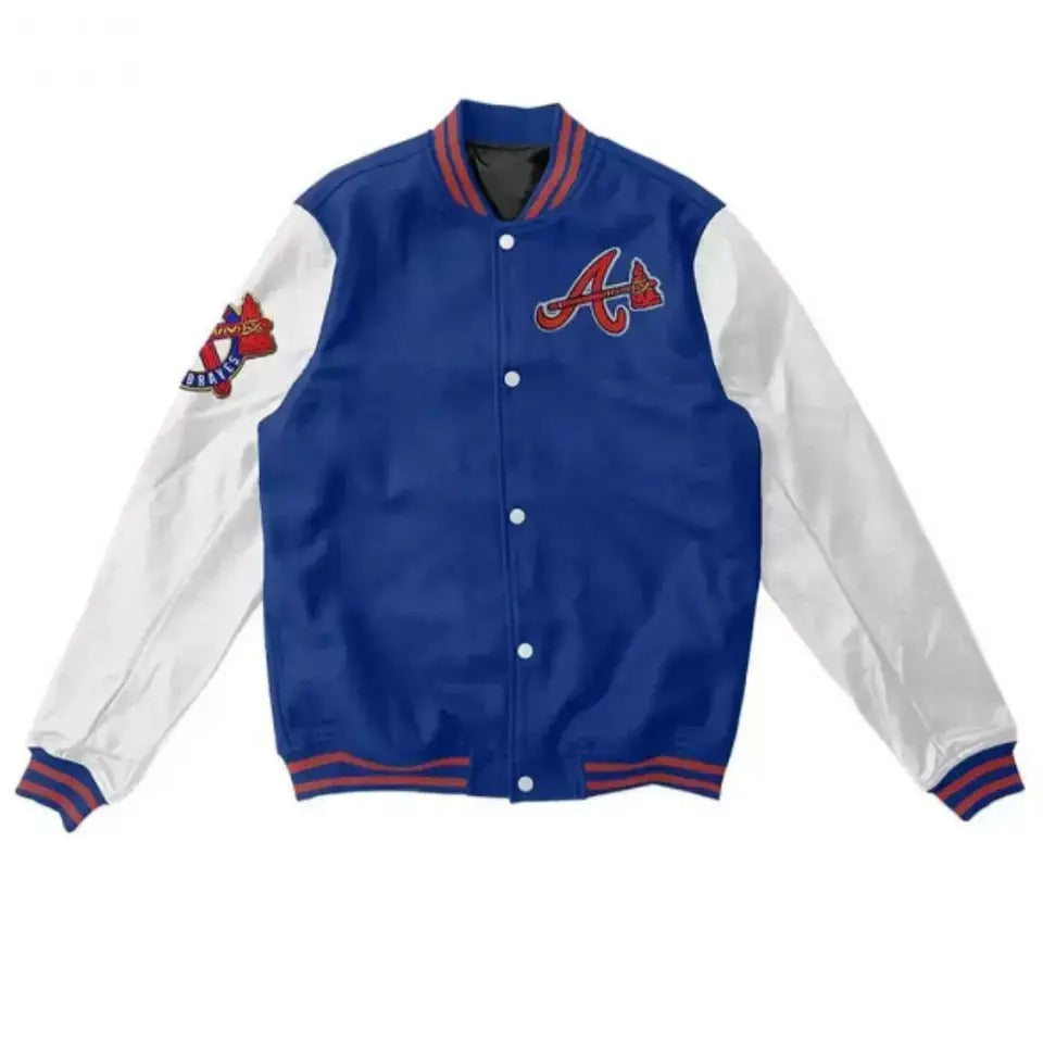 Men Letterman Atlanta Braves Blue Wool Varsity Jacket With Leather Arms - MLB