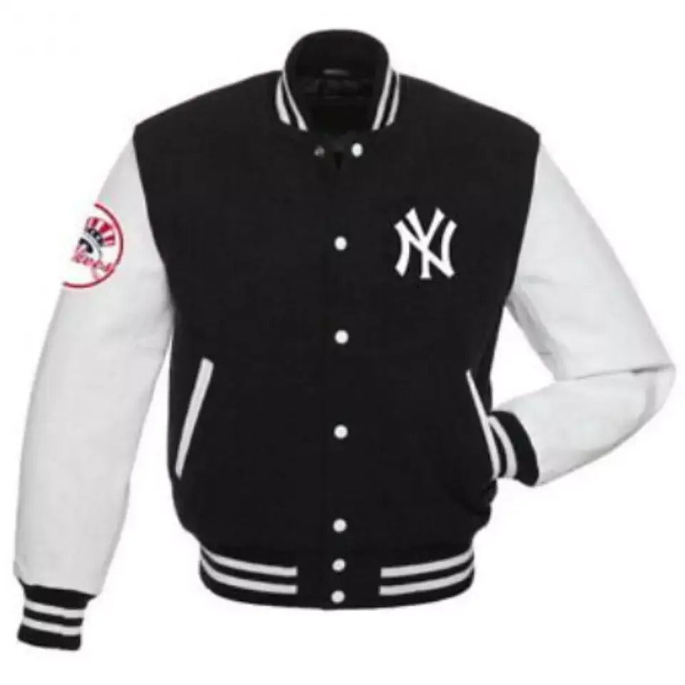 Men Letterman NY Yankees Inspired Black & White Varsity Jacket - MLB
