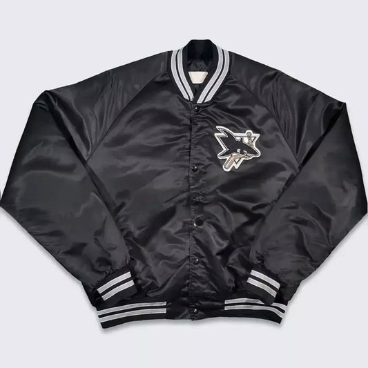 90’s Design San Jose Sharks Letterman Black Satin Varsity Bomber Jacket  black - NHL