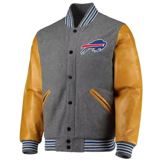 Buffalo Bills Letterman Varsity Jacket – Gray Wool & Brown Leather Sleeves