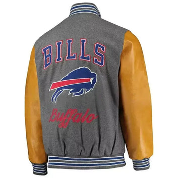 Buffalo Bills Letterman Varsity Jacket – Gray Wool & Brown Leather Sleeves
