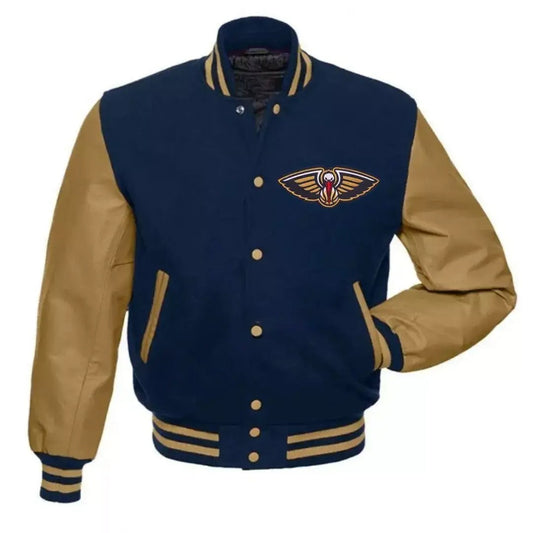 New Orleans Pelicans Blue and Brown Letterman Varsity Jacket