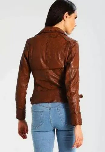 Womens Latest Cafe Racer Moto Biker Distressed Brown Vintage Real Leather Jacket Brown