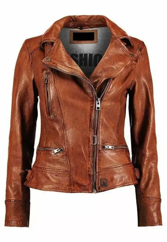 Womens Latest Cafe Racer Moto Biker Distressed Brown Vintage Real Leather Jacket Brown
