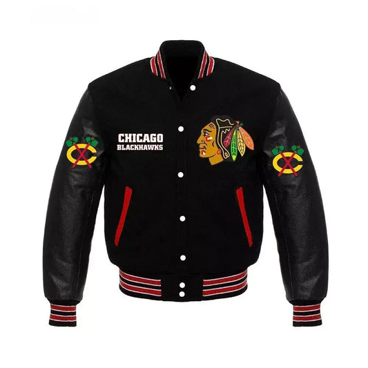 Letterman Chicago Blackhawks Black Color Varsity Jacket - NHL