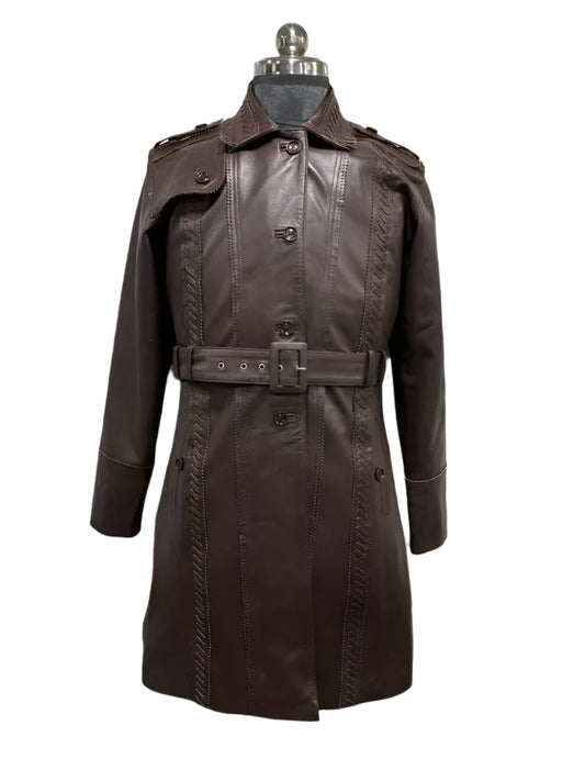 Ladies Leather Trench Coat Women's Real Lambskin Leather Brown  Overcoat
