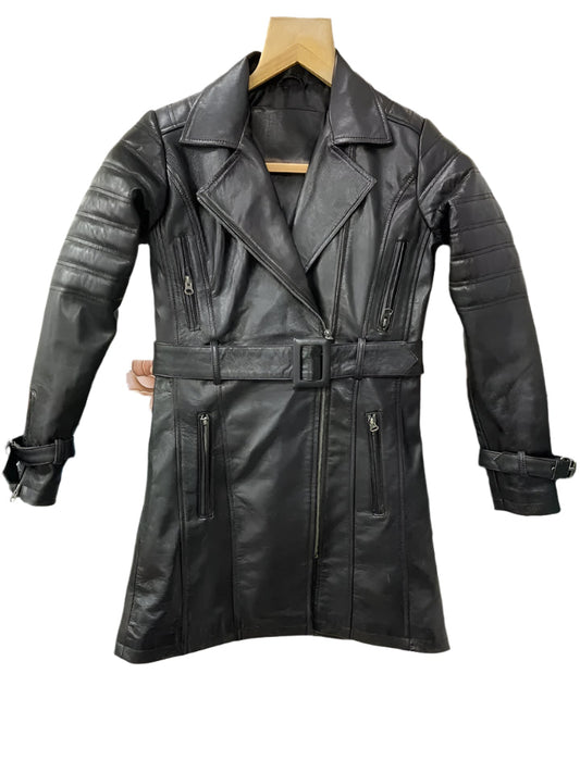 Women's 100% Genuine Leather Black Trench Coat Mid Length Biker Zipper Overcoat