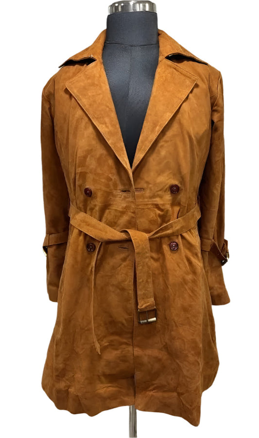Women's 100% Pure Suede Leather Brown Trench Coat Soft Suede Belted Long Coat