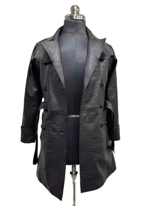 Women's Black Croco Coat 100% Genuine Lambskin Leather Croc Embossed Trench Coat