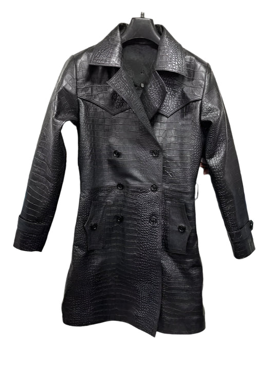 Women's Black Croco Embossed Classic Trench Coat Real Leather Long Fashion Coat